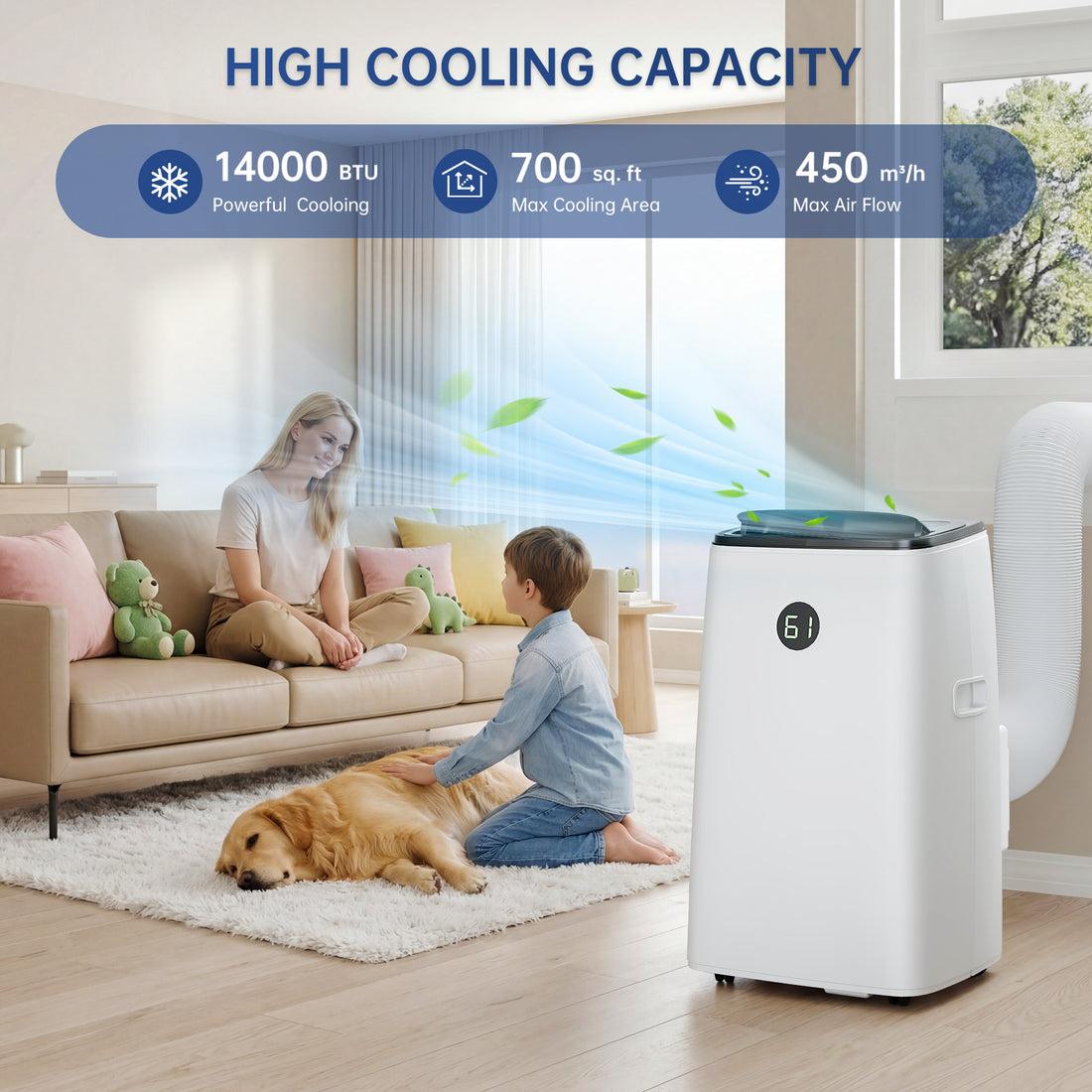 Lcxmtv 10000 BTU (14000 BTU ASHRAE) Portable Air Conditioner Cools Room up to 700 sq.ft, 3-in-1 Portable AC Unit with Cool, Dehumidifier & Fan, Including Remote Control, DIY Window Kit