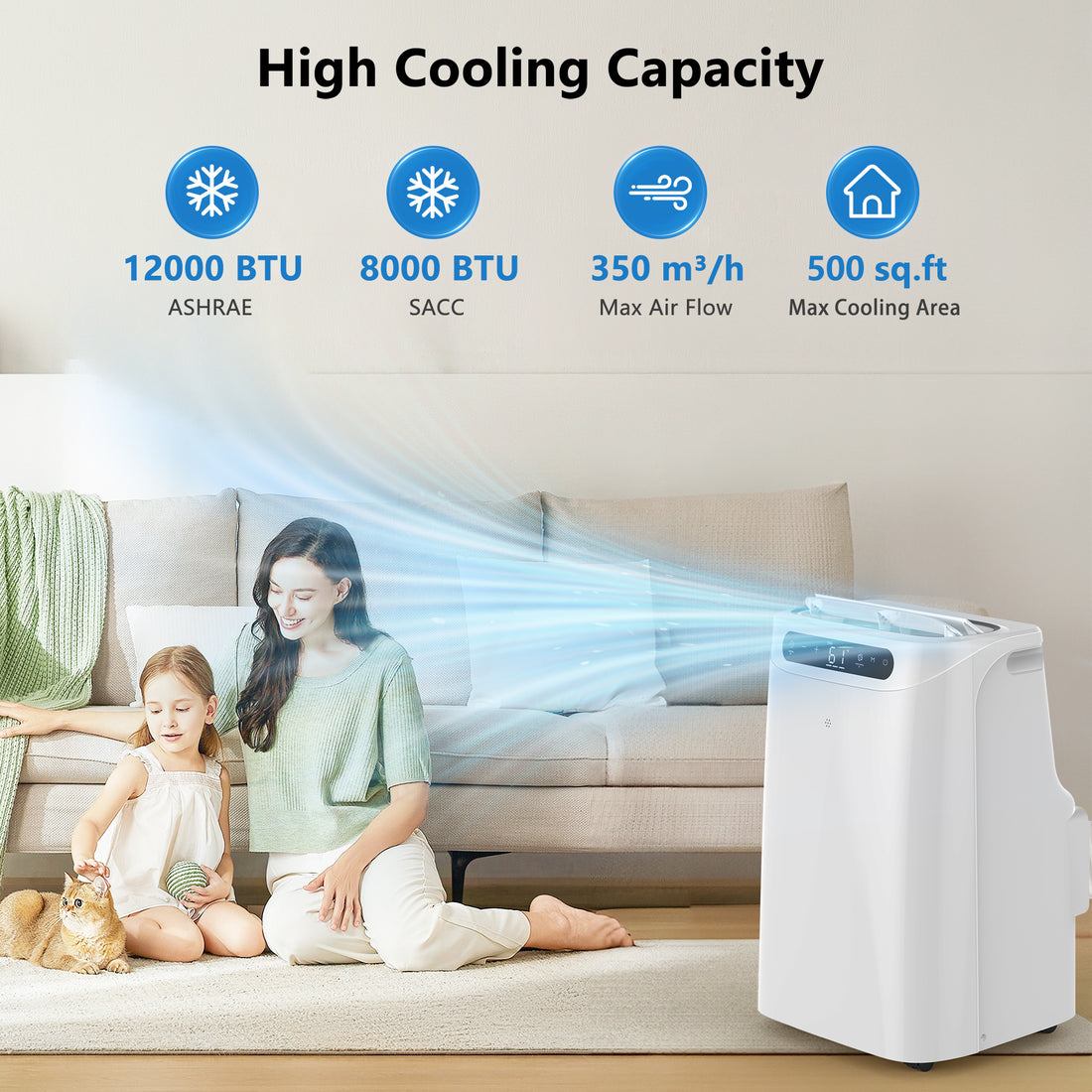 Lcxmtv 8000 BTU (12000 BTU ASHRAE) Portable Air Conditioner with Backlit Remote, Portable AC Unit Room Cools up to 500 Sq. Ft., Room Air Conditionings with Dehumidifier & Fan