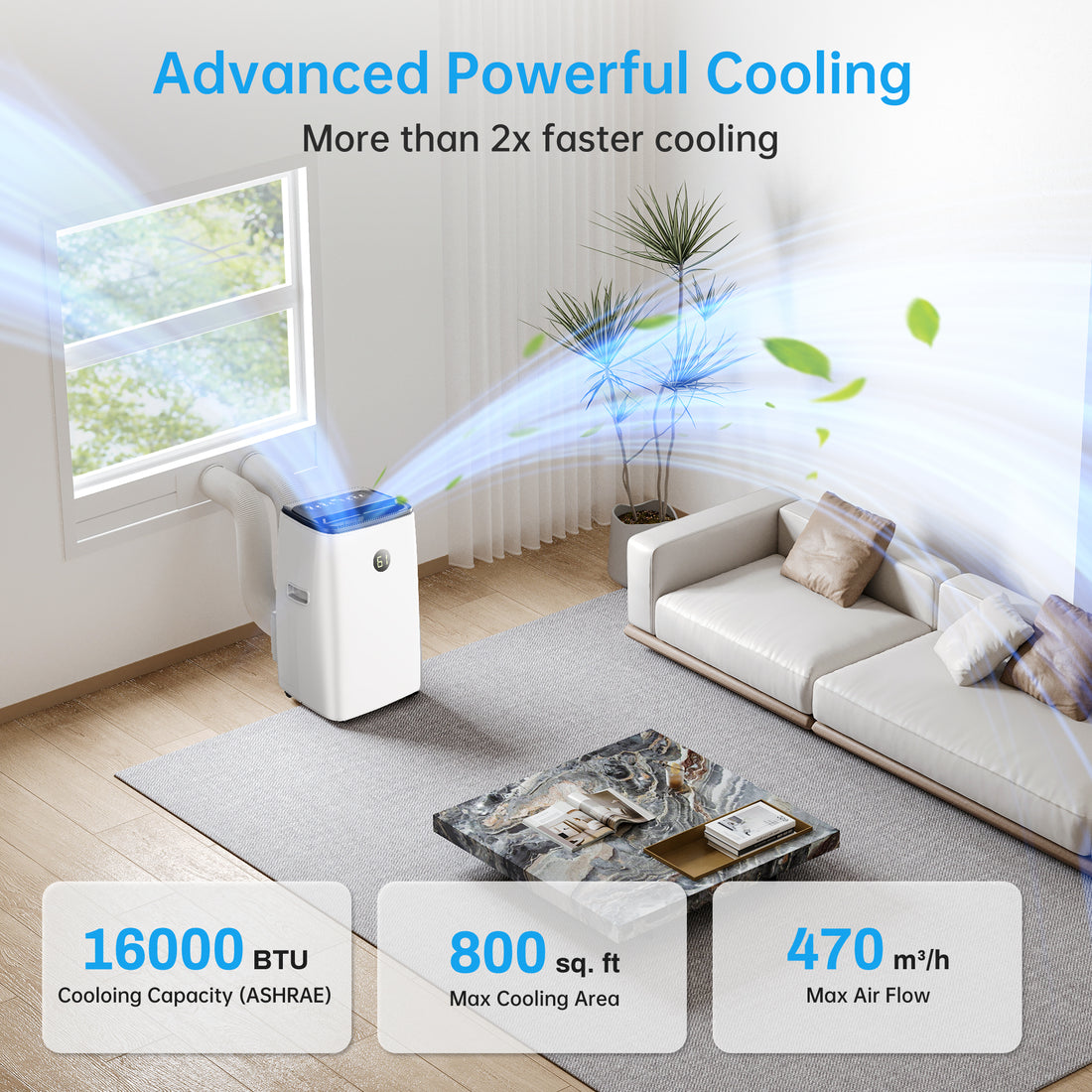 Lcxmtv 16000 BTU Dual Hose Smart Inverter Portable Air Conditioner with Cool, Dehumidifier and Fan Mode, 3-in-1 Portable AC Unit For Room up to 800 sq.ft with Remote Control & DIY Window Kit